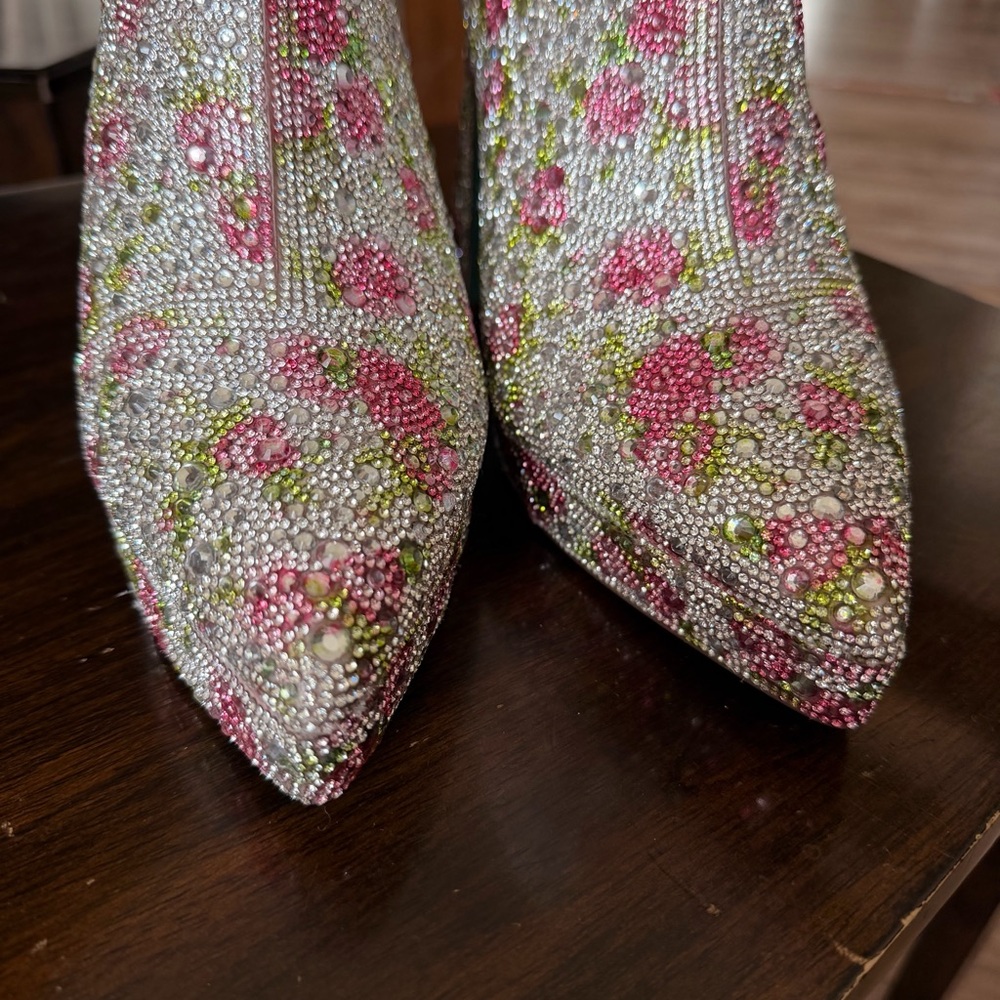 Betsey Johnson Della Pink Floral rhinestone Platform Boot with Teal Heel - Picture 12 of 16